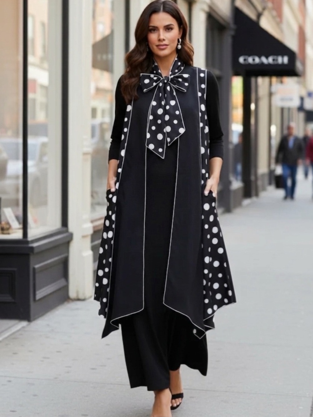 New no Tags Black Polka Dot Trim Midi Vest with Bow